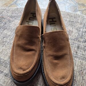 Hush Puppies Lucy Loafers in a cognac brown suede leather with a lug sole.